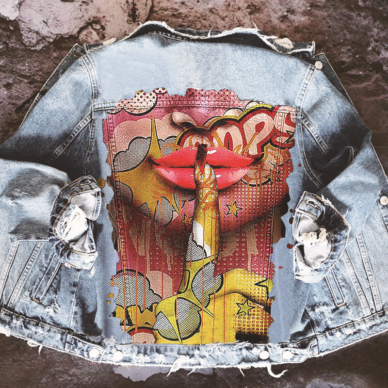 Color Finger Print Fashion Denim Jacket Jacket Casual