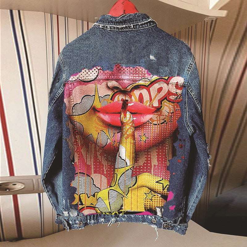 Color Finger Print Fashion Denim Jacket Jacket Casual