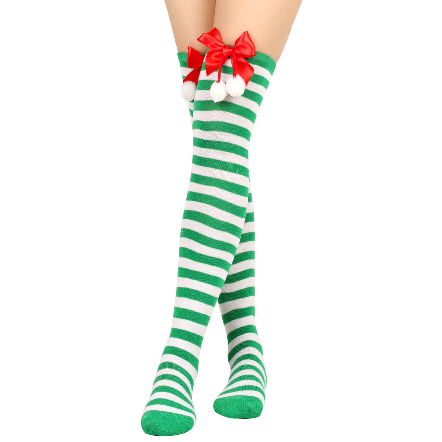 New Bow Christmas Socks Puff Ball Over Knee Women's Long Tube