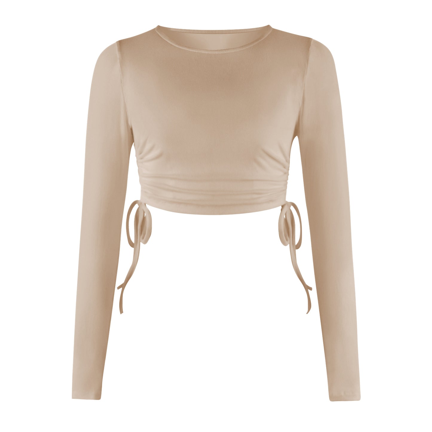 Drawstring Round Neck Long Sleeve Cropped T-shirt Thread Top