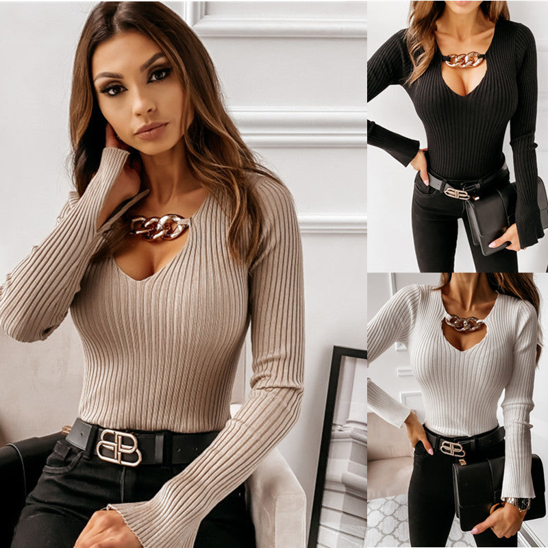 New Autumn And Winter Chain Decoration Sexy Long-Sleeved Bottoming Shirt Women