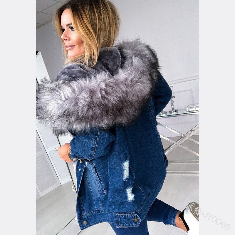 Large Fur Collar Denim Jacket Warm Mid-Length Coat