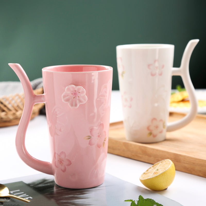 Girl Sakura Ceramic Cup With Spoon Large Capacity Drinking Cup