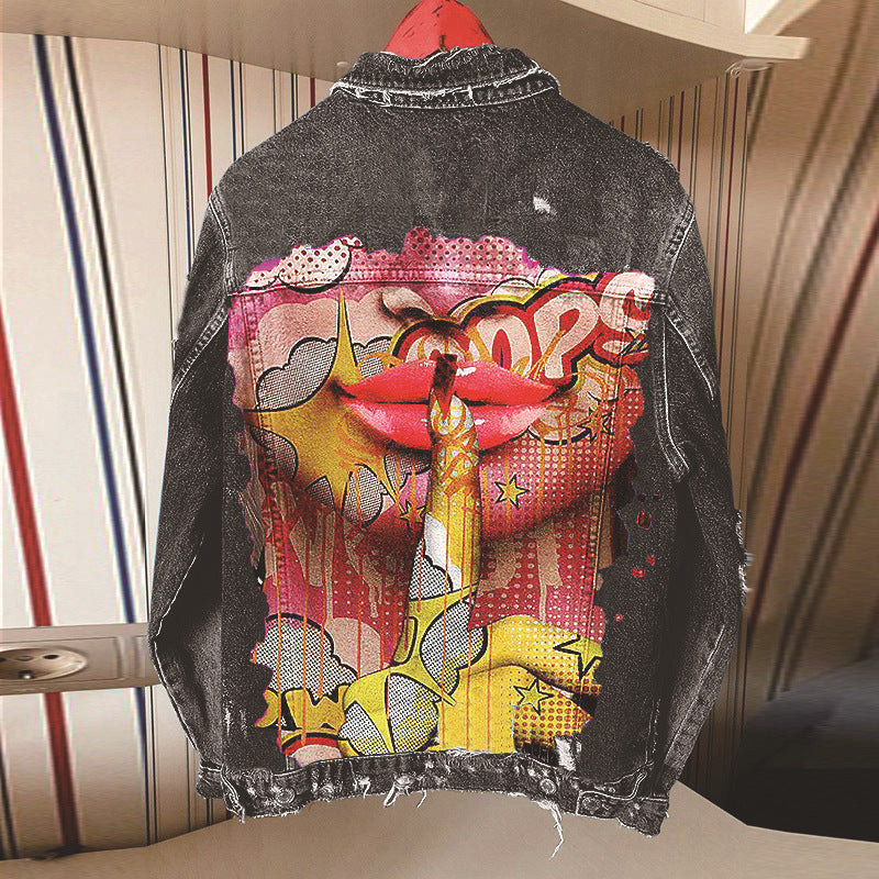 Color Finger Print Fashion Denim Jacket Jacket Casual