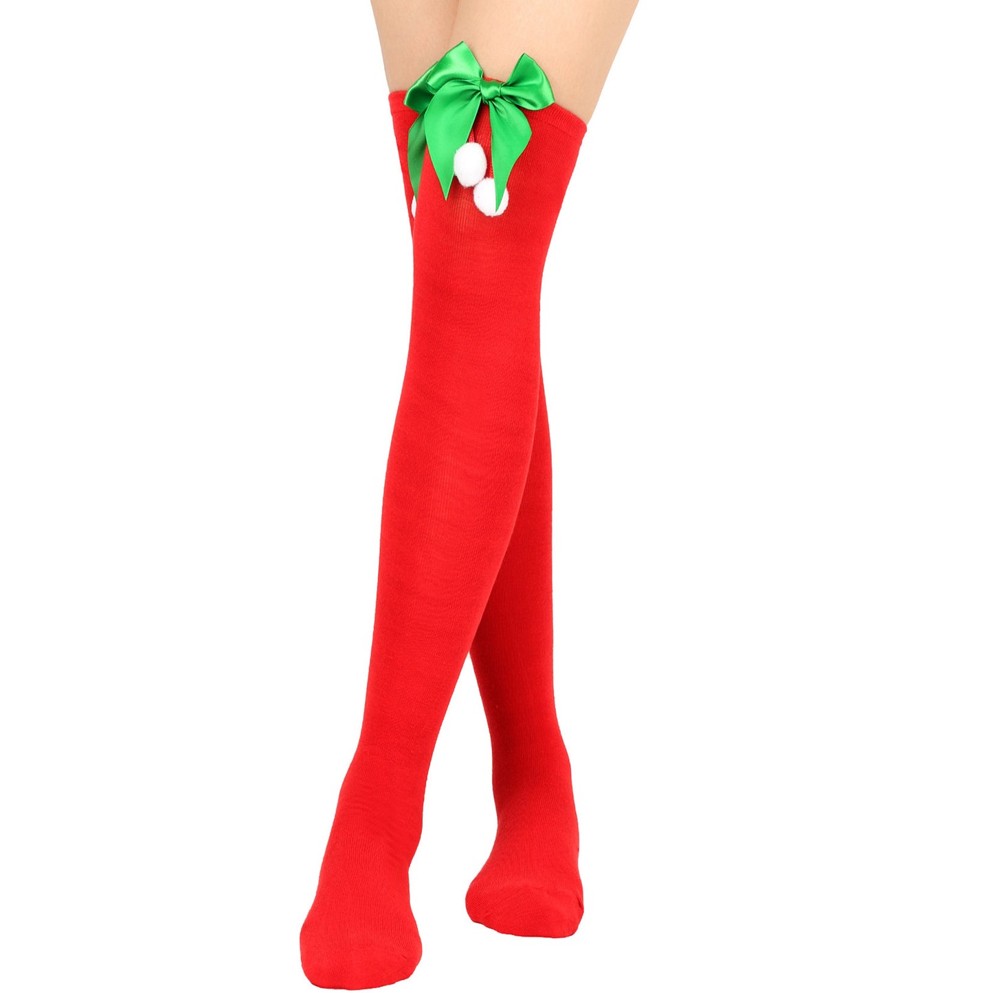 New Bow Christmas Socks Puff Ball Over Knee Women's Long Tube