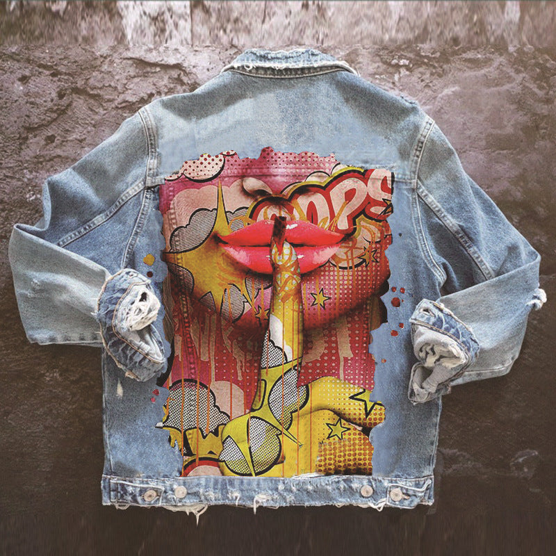 Color Finger Print Fashion Denim Jacket Jacket Casual