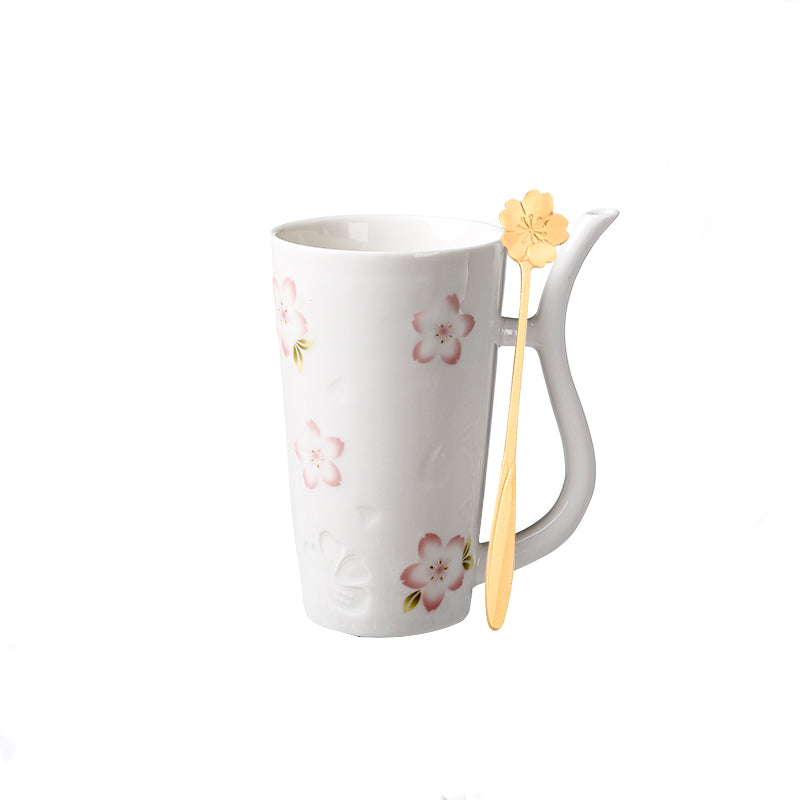 Girl Sakura Ceramic Cup With Spoon Large Capacity Drinking Cup