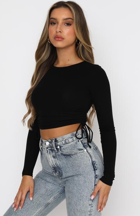 Drawstring Round Neck Long Sleeve Cropped T-shirt Thread Top