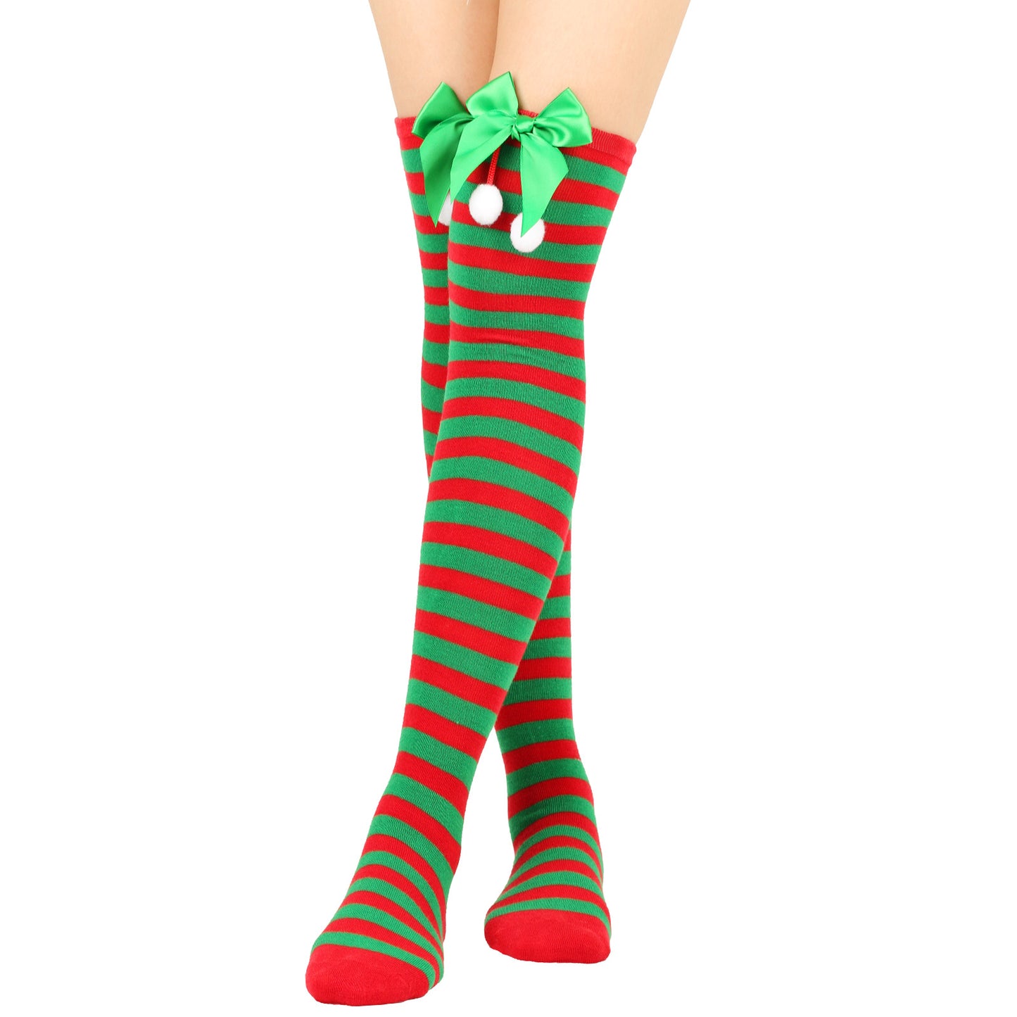 New Bow Christmas Socks Puff Ball Over Knee Women's Long Tube