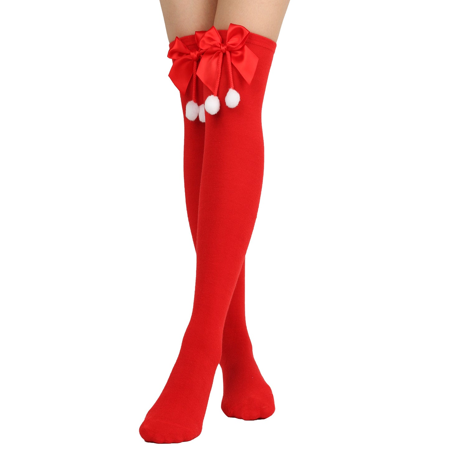 New Bow Christmas Socks Puff Ball Over Knee Women's Long Tube