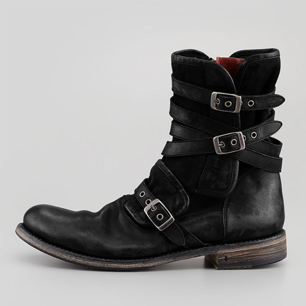 Round Toe Belt Buckle Side Zipper Chunky Heel Casual Men's Short Boots