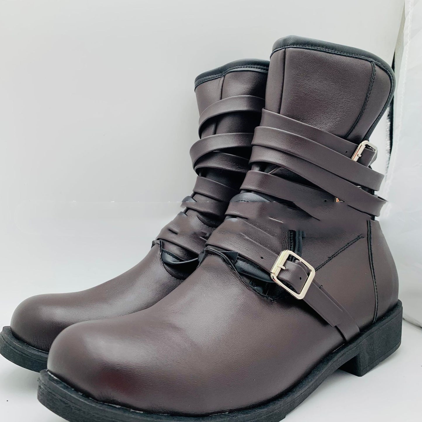 Round Toe Belt Buckle Side Zipper Chunky Heel Casual Men's Short Boots