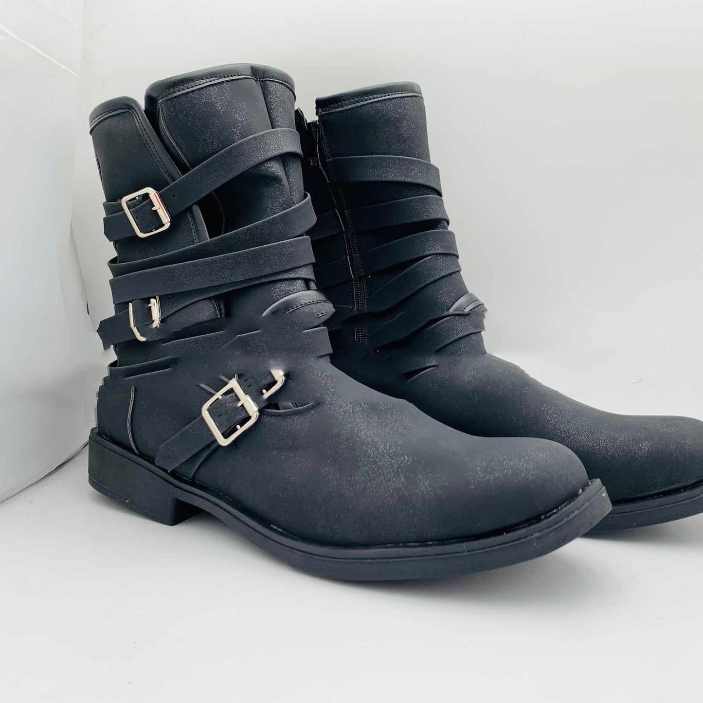 Round Toe Belt Buckle Side Zipper Chunky Heel Casual Men's Short Boots