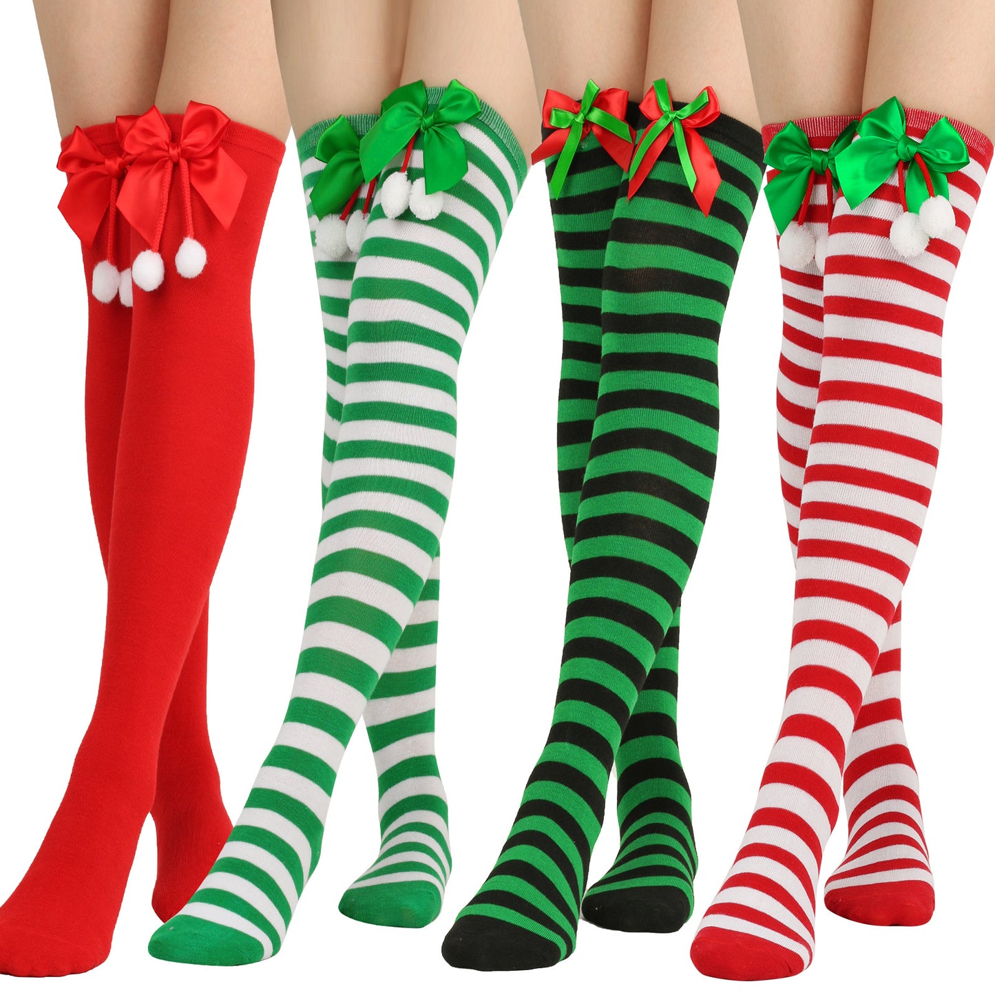 New Bow Christmas Socks Puff Ball Over Knee Women's Long Tube