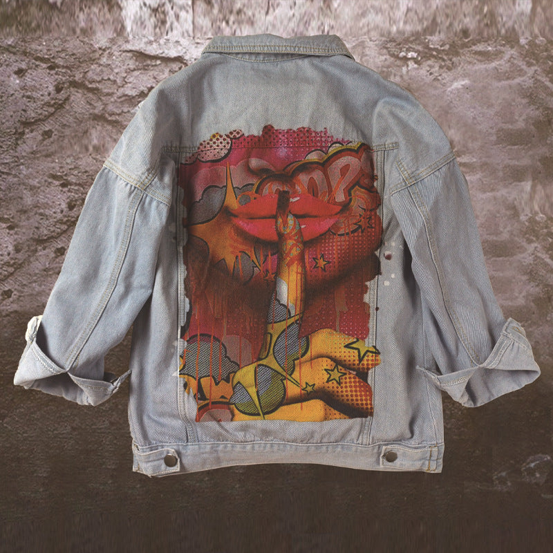 Color Finger Print Fashion Denim Jacket Jacket Casual