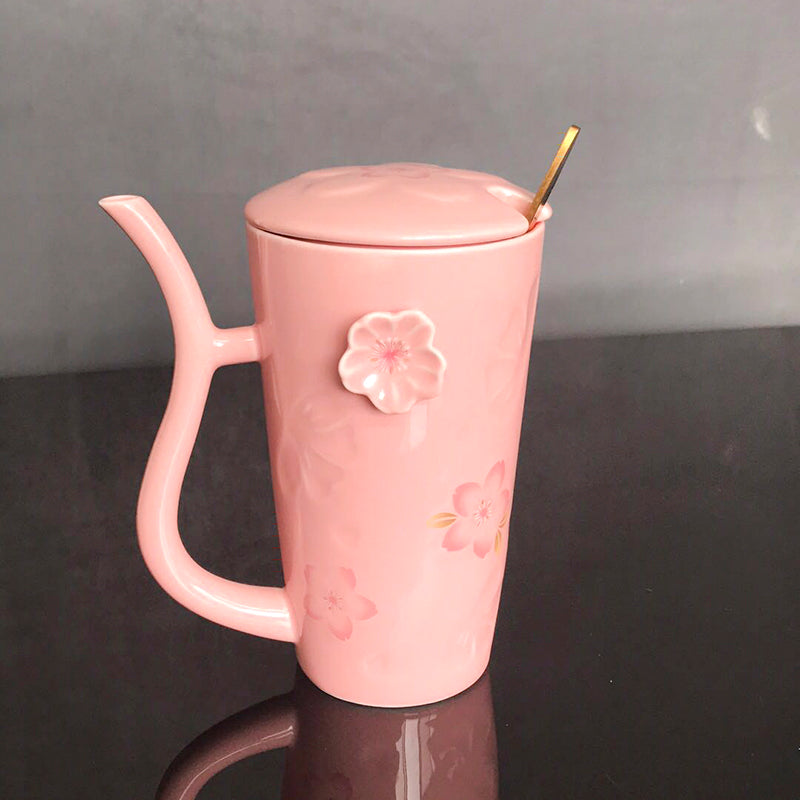 Girl Sakura Ceramic Cup With Spoon Large Capacity Drinking Cup