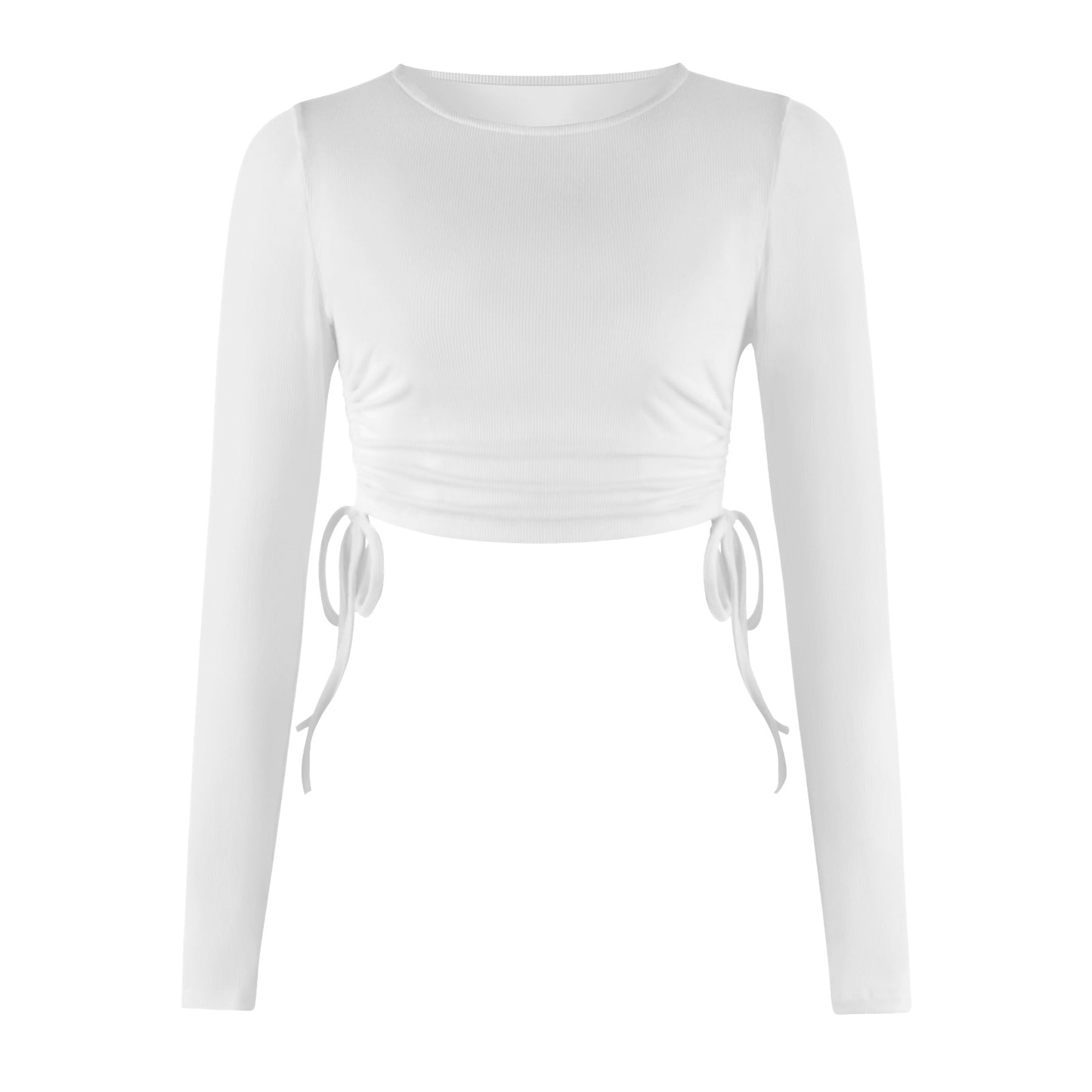 Drawstring Round Neck Long Sleeve Cropped T-shirt Thread Top