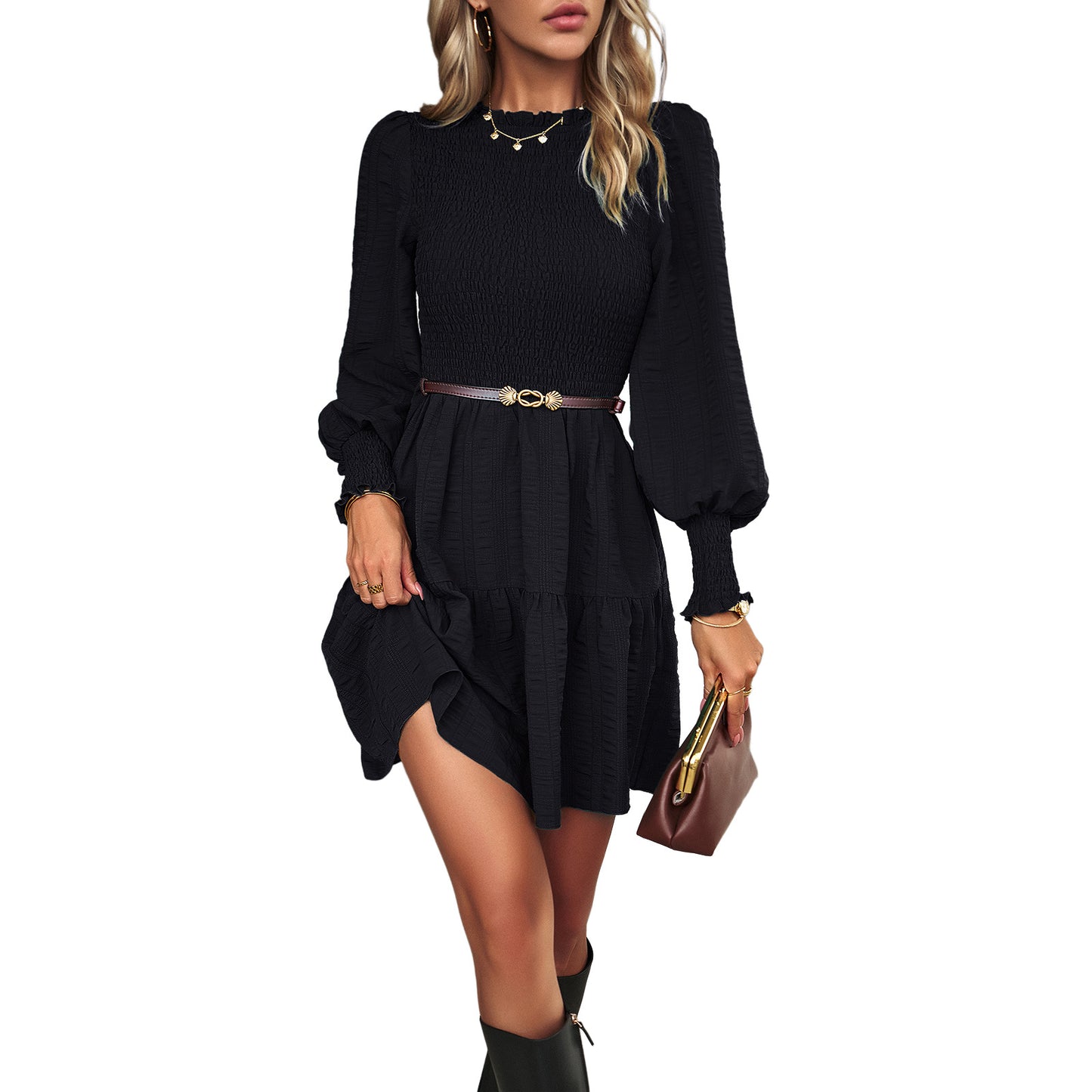 Women's Fashion Casual Solid Color Long Sleeve Short Dress