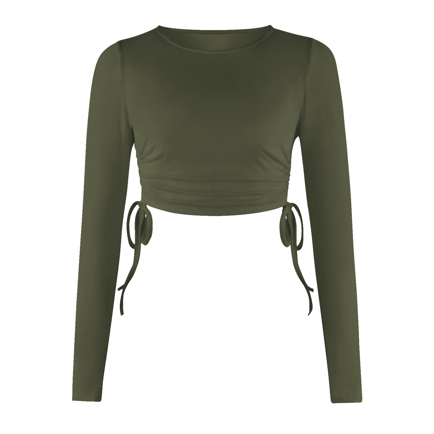 Drawstring Round Neck Long Sleeve Cropped T-shirt Thread Top