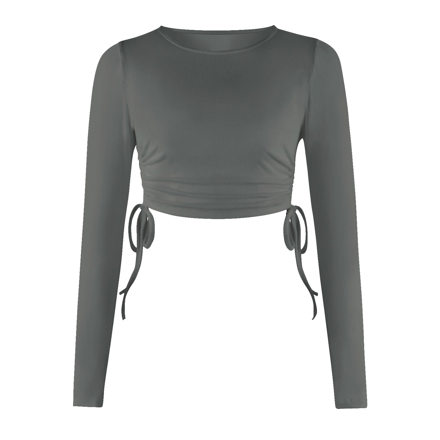 Drawstring Round Neck Long Sleeve Cropped T-shirt Thread Top