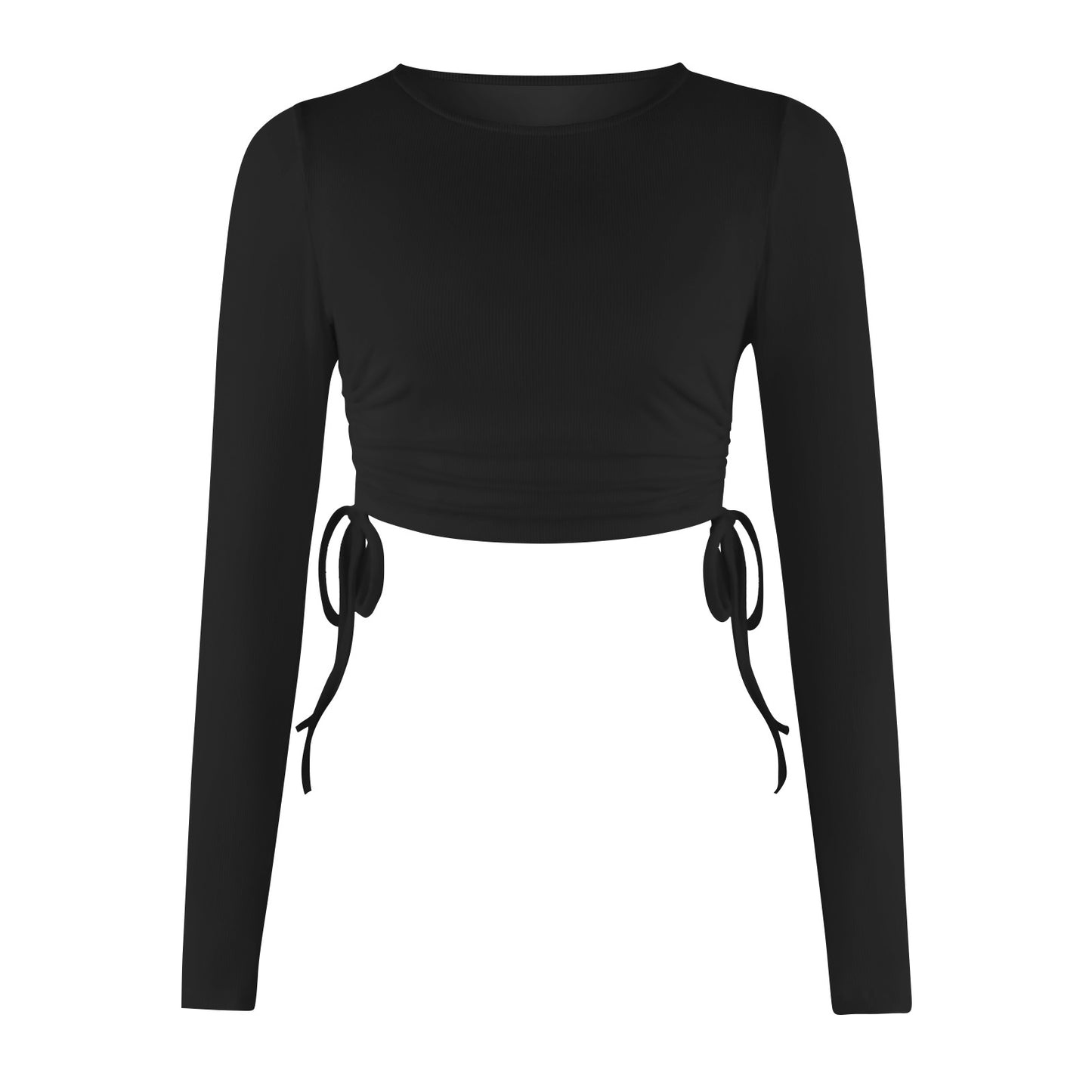 Drawstring Round Neck Long Sleeve Cropped T-shirt Thread Top