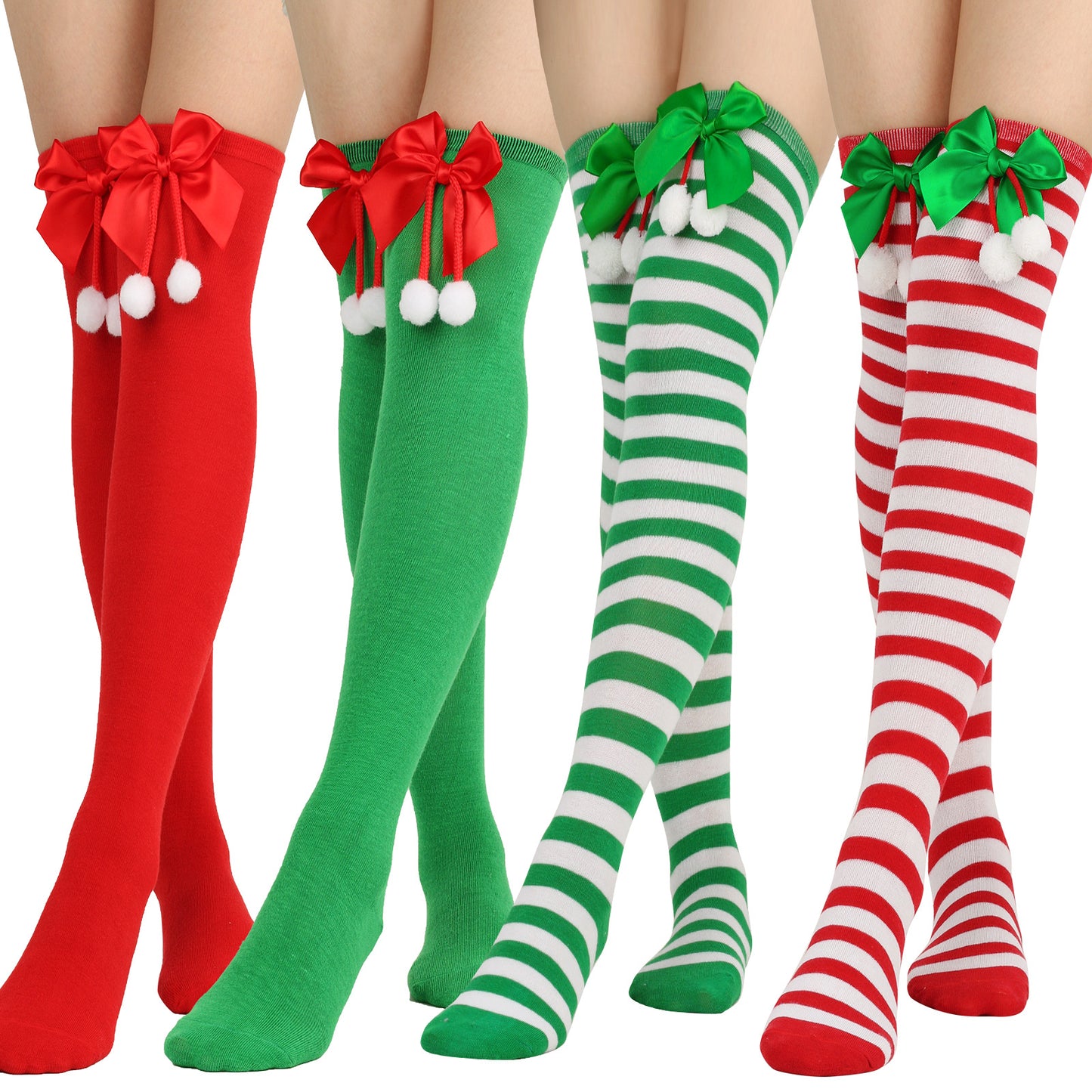 New Bow Christmas Socks Puff Ball Over Knee Women's Long Tube