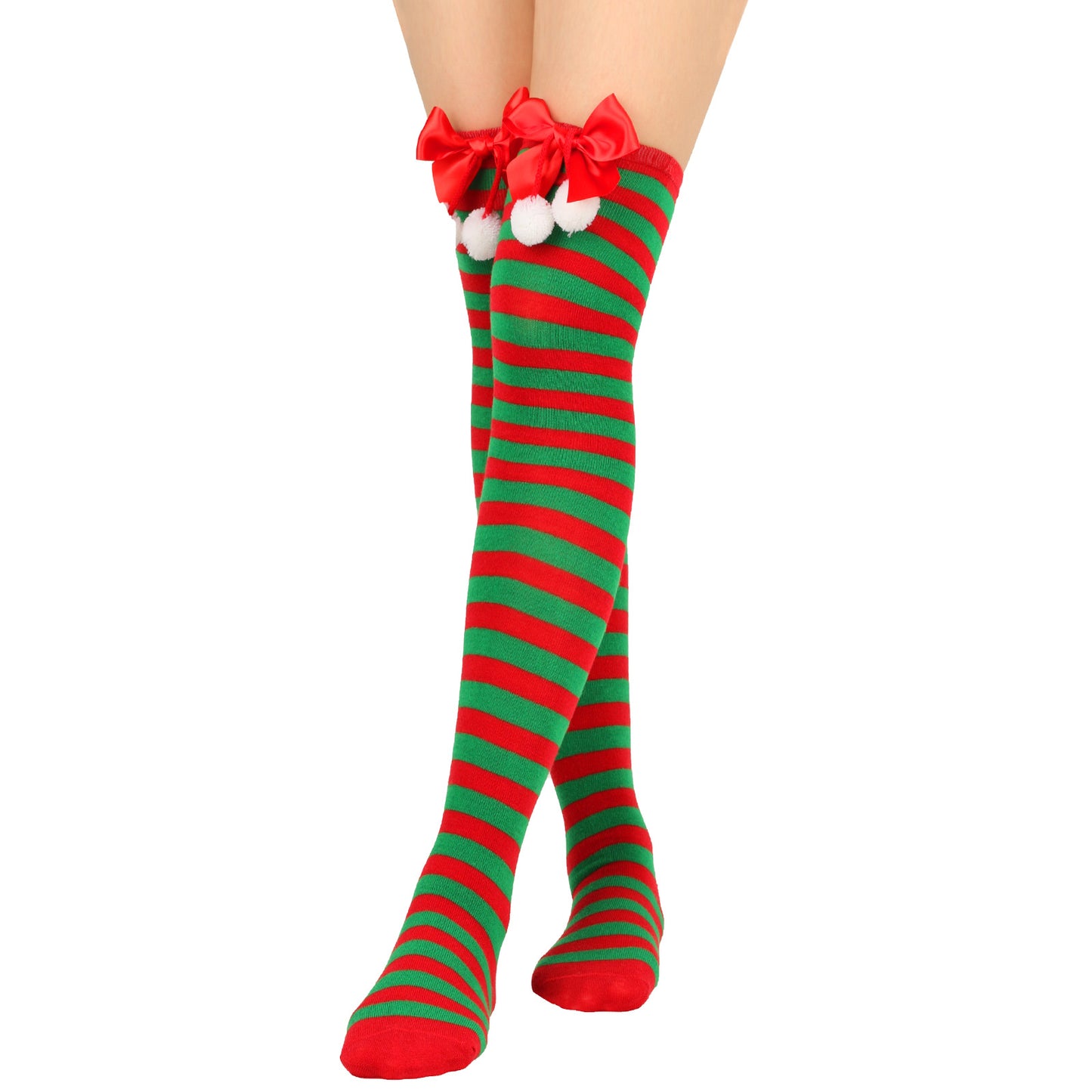 New Bow Christmas Socks Puff Ball Over Knee Women's Long Tube