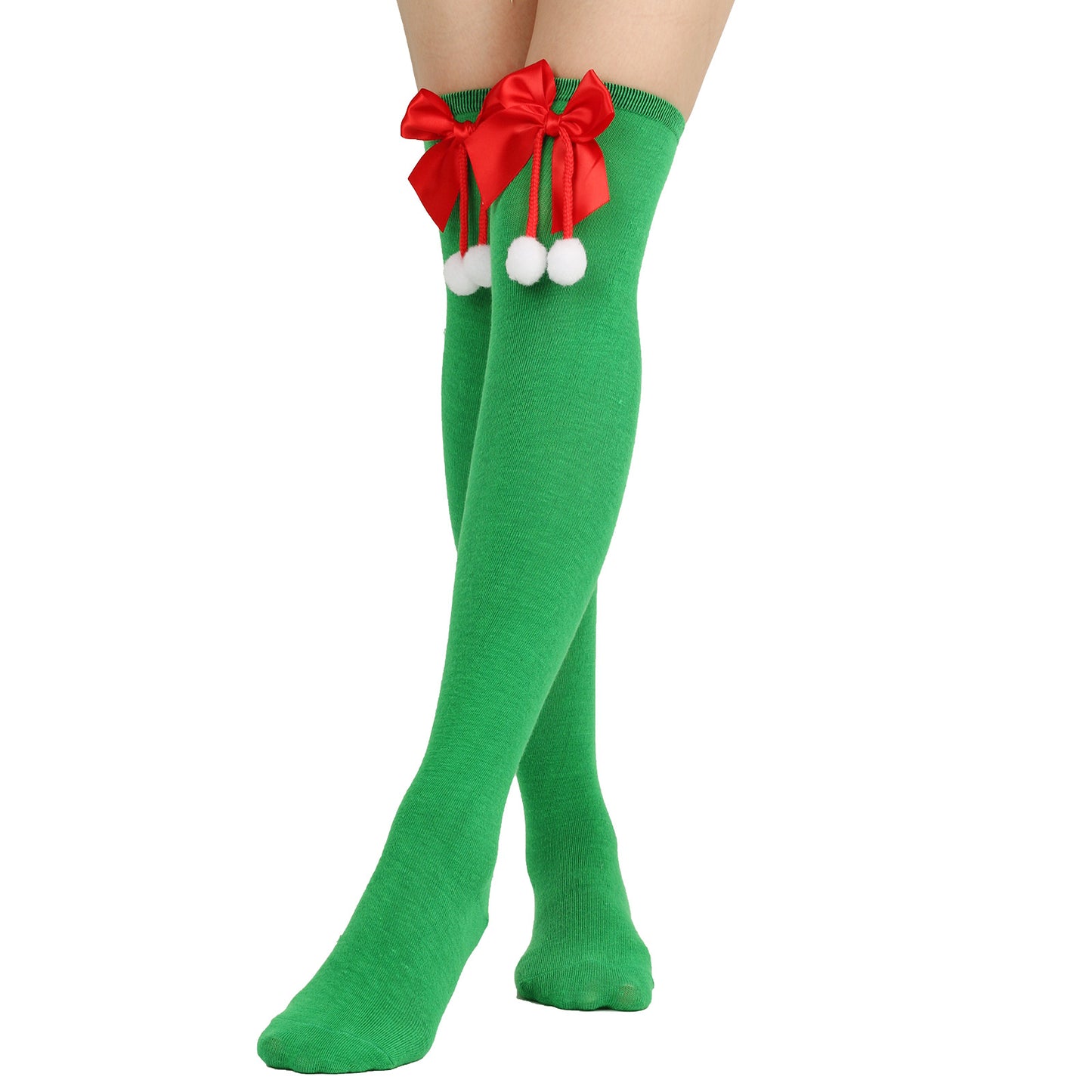 New Bow Christmas Socks Puff Ball Over Knee Women's Long Tube