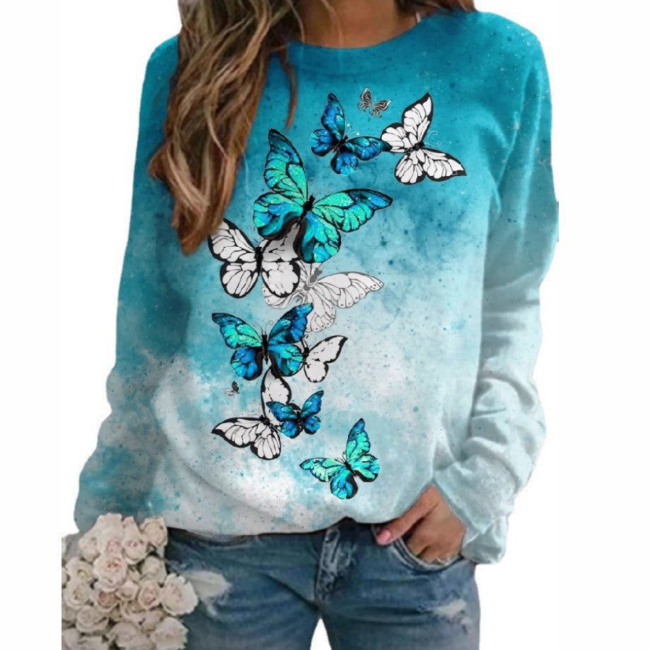 Flower Butterfly Round Neck Sweatshirt Female