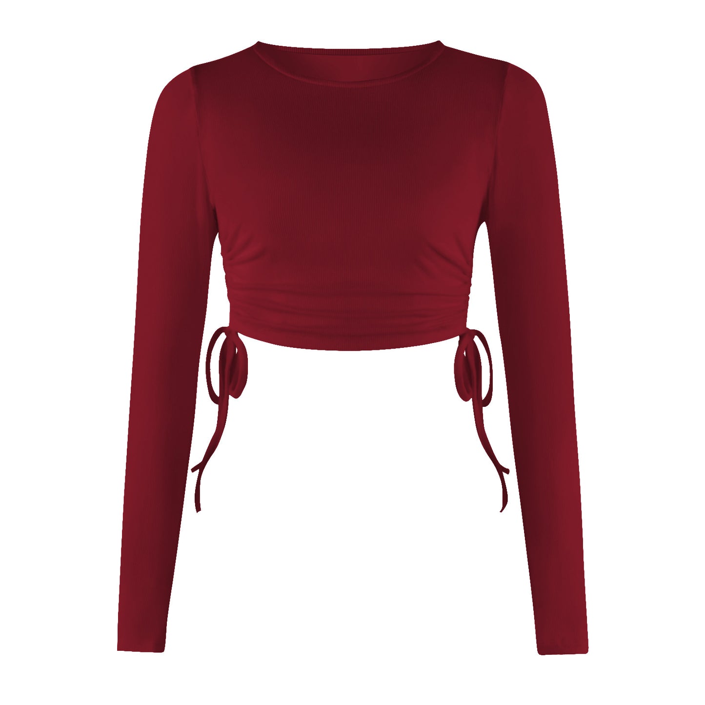 Drawstring Round Neck Long Sleeve Cropped T-shirt Thread Top